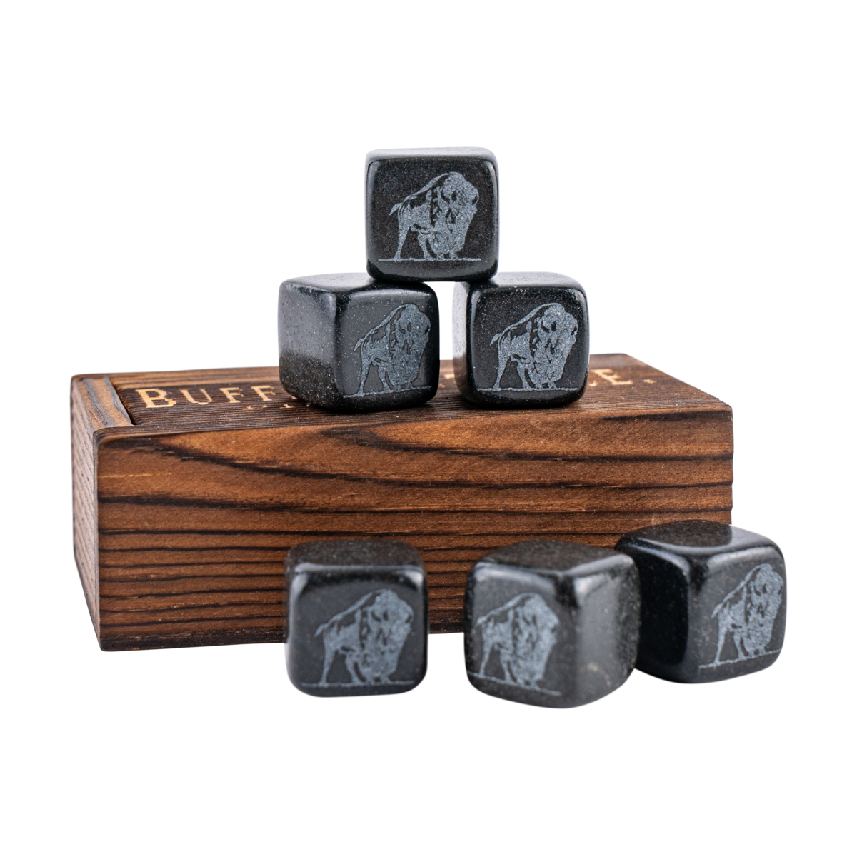 Buffalo Trace Whiskey Stone Box Set stones in glass showing how to chill bourbon without diluting