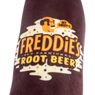 Buffalo Trace Plush Root Beer Dog Toy close-up of embroidered Freddie's root beer label
