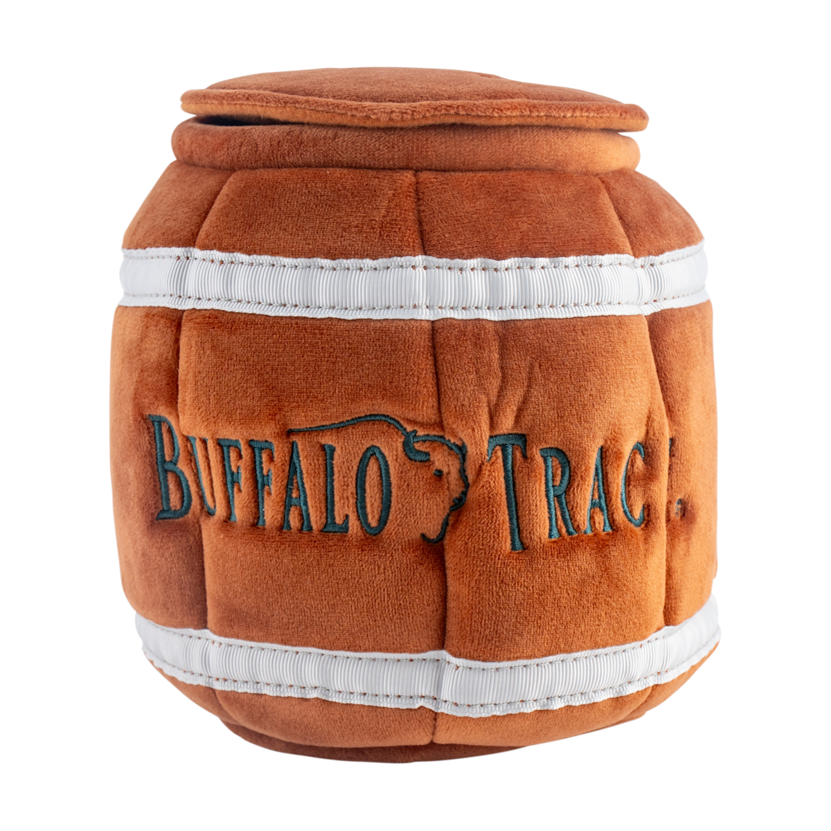 Buffalo Trace Barrel Plush Dog Toy side view showing soft plush material and distillery logo