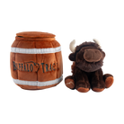 Buffalo Trace Barrel Dog Toy close-up of embroidered logo on brown plush fabric