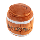 Buffalo Trace Barrel Plush Dog Toy held by dog – squeaky barrel toy for dogs of all sizes
