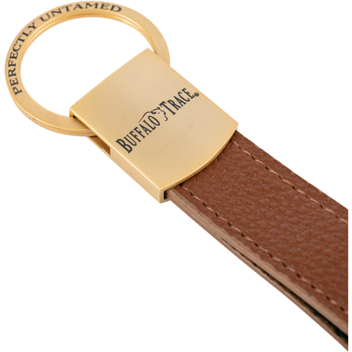Buffalo Trace Strap Keychain side view showing woven strap and Buffalo Trace metal tag detail