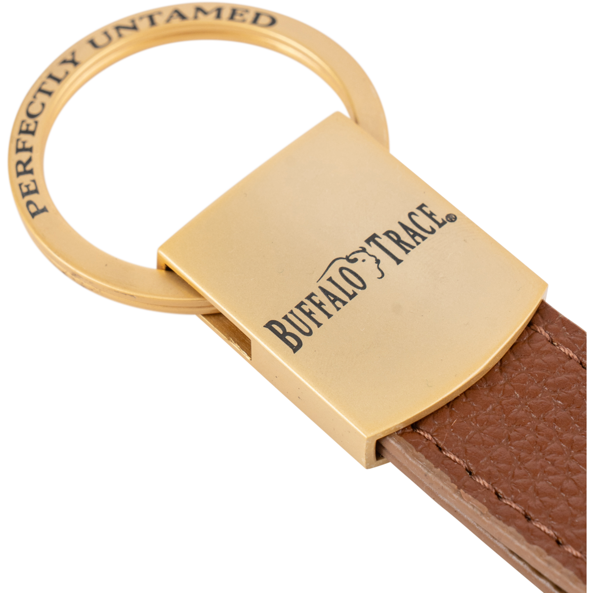 Buffalo Trace Strap Keychain close-up of embossed Buffalo Trace logo on metal tag
