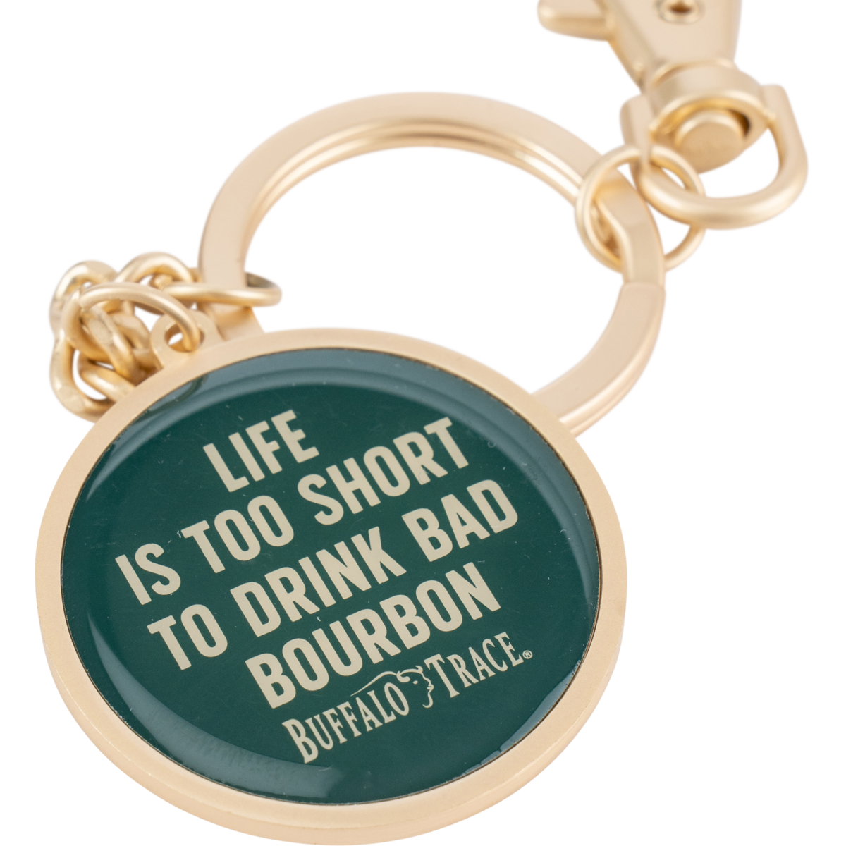 Buffalo Trace No Bad Bourbon Keychain close-up of engraved slogan and keychain detail