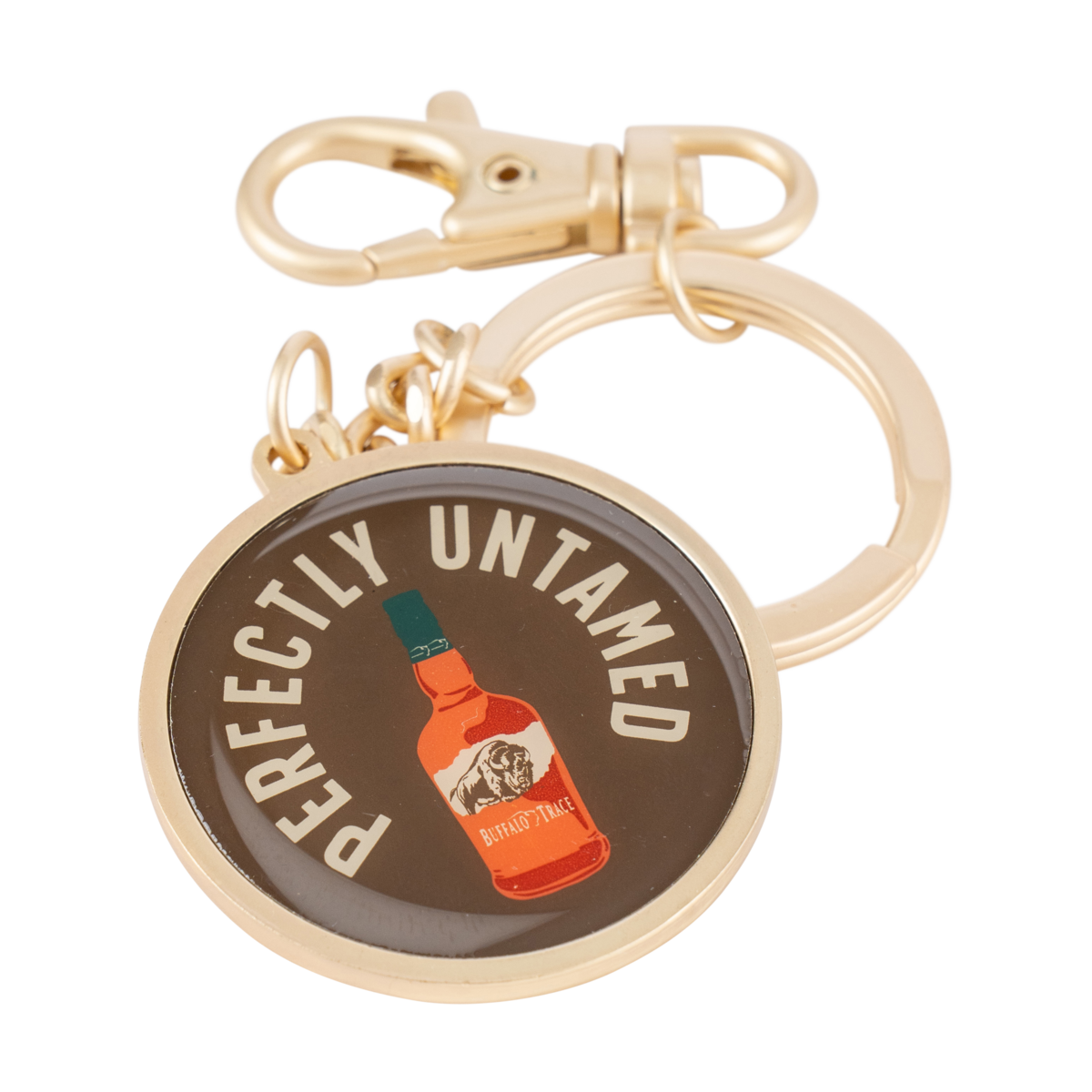 Buffalo Trace Perfectly Untamed Keychain close-up of engraved slogan and metal finish
