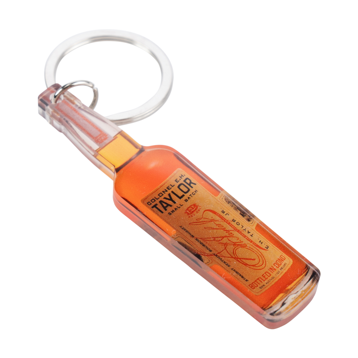 E.H. Taylor Bottle Keychain close-up of bottle shape and E.H. Taylor label design
