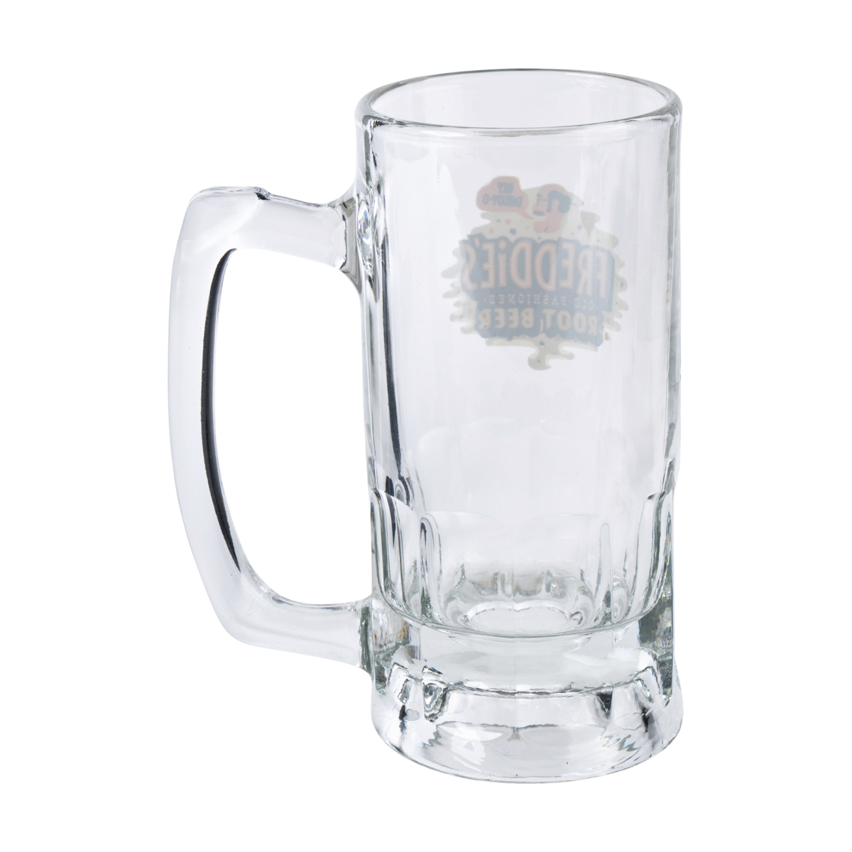 Freddie's 12 oz Root Beer Mug side view with Buffalo Trace distillery logo on ceramic