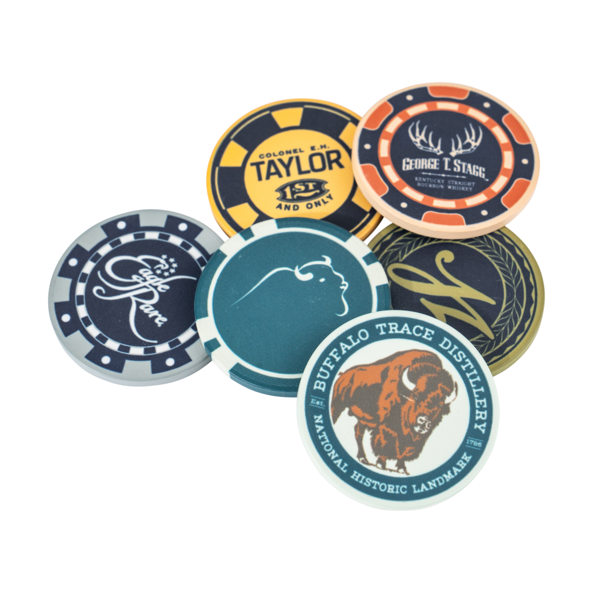 Buffalo Trace Poker Chip Set of 6 close-up showing ceramic chip detail and distillery logo