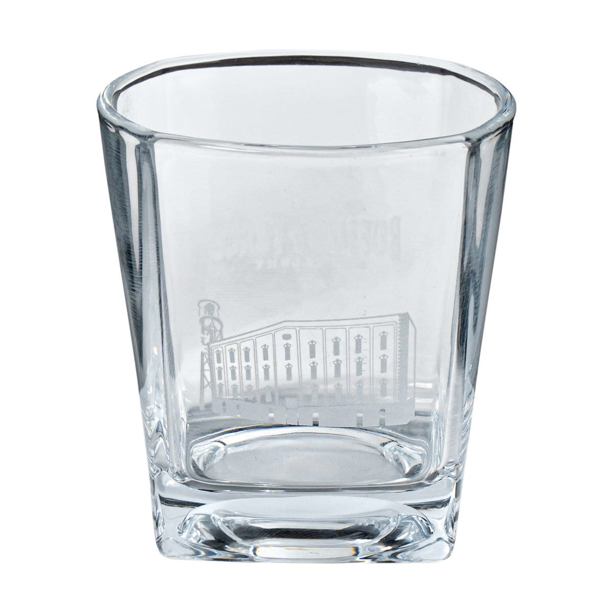 Buffalo Trace Etched Square Rocks Glass front view showing etched logo on geometric design