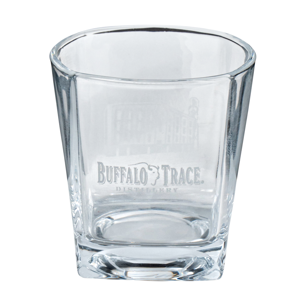 Buffalo Trace Etched Square Rocks Glass close-up of etching detail on premium glass