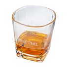 Buffalo Trace Etched Square Rocks Glass with bourbon on wooden surface lifestyle shot