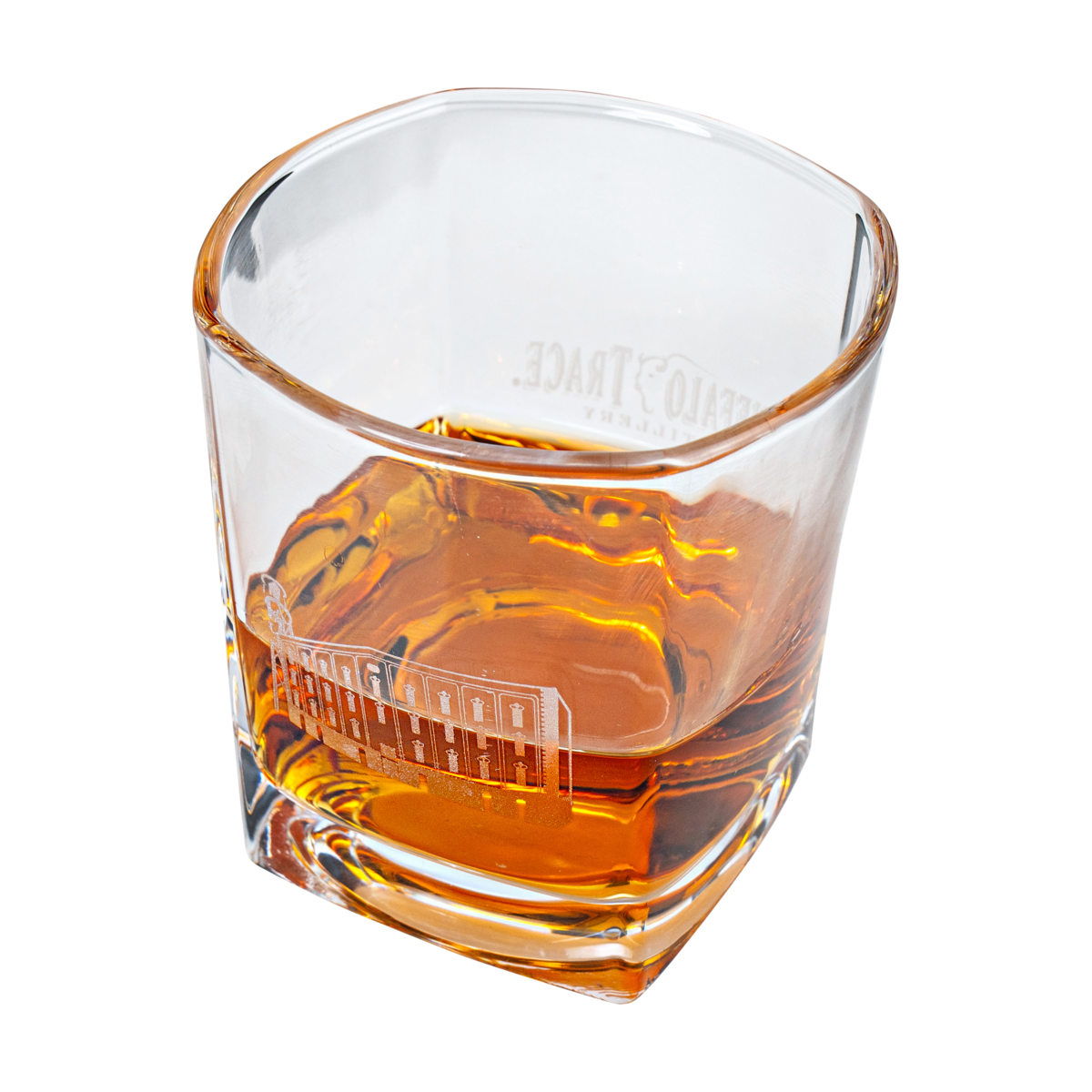 Buffalo Trace Etched Square Rocks Glass – modern square whiskey glass with etched Buffalo Trace logo