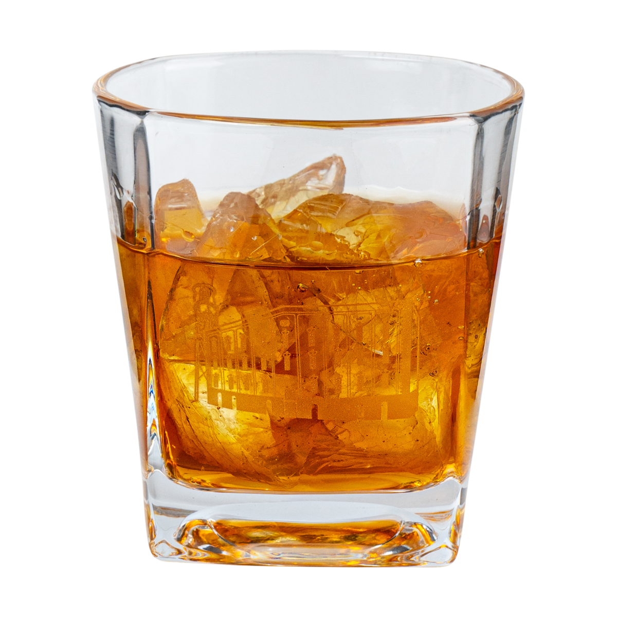 Buffalo Trace Square Rocks Glass angled view highlighting etched logo and square profile