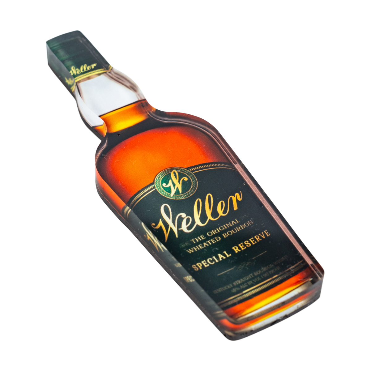Weller Bottle Magnet back view showing magnet detail and Weller bourbon branding