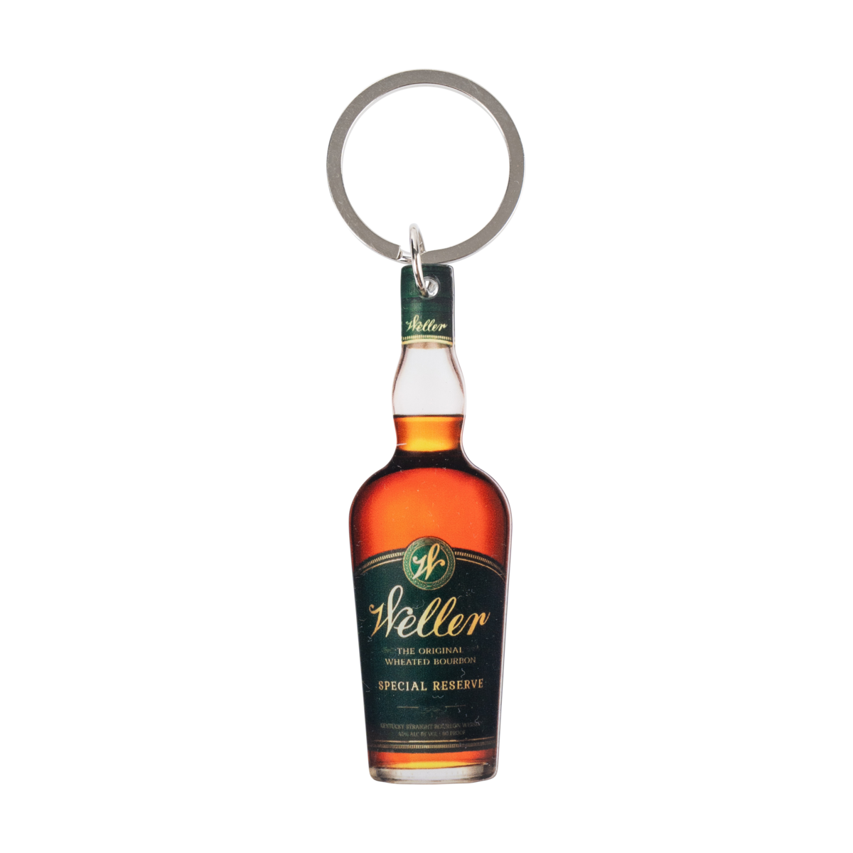 Weller Bottle Keychain – collectible metal keychain shaped like a Weller bourbon bottle