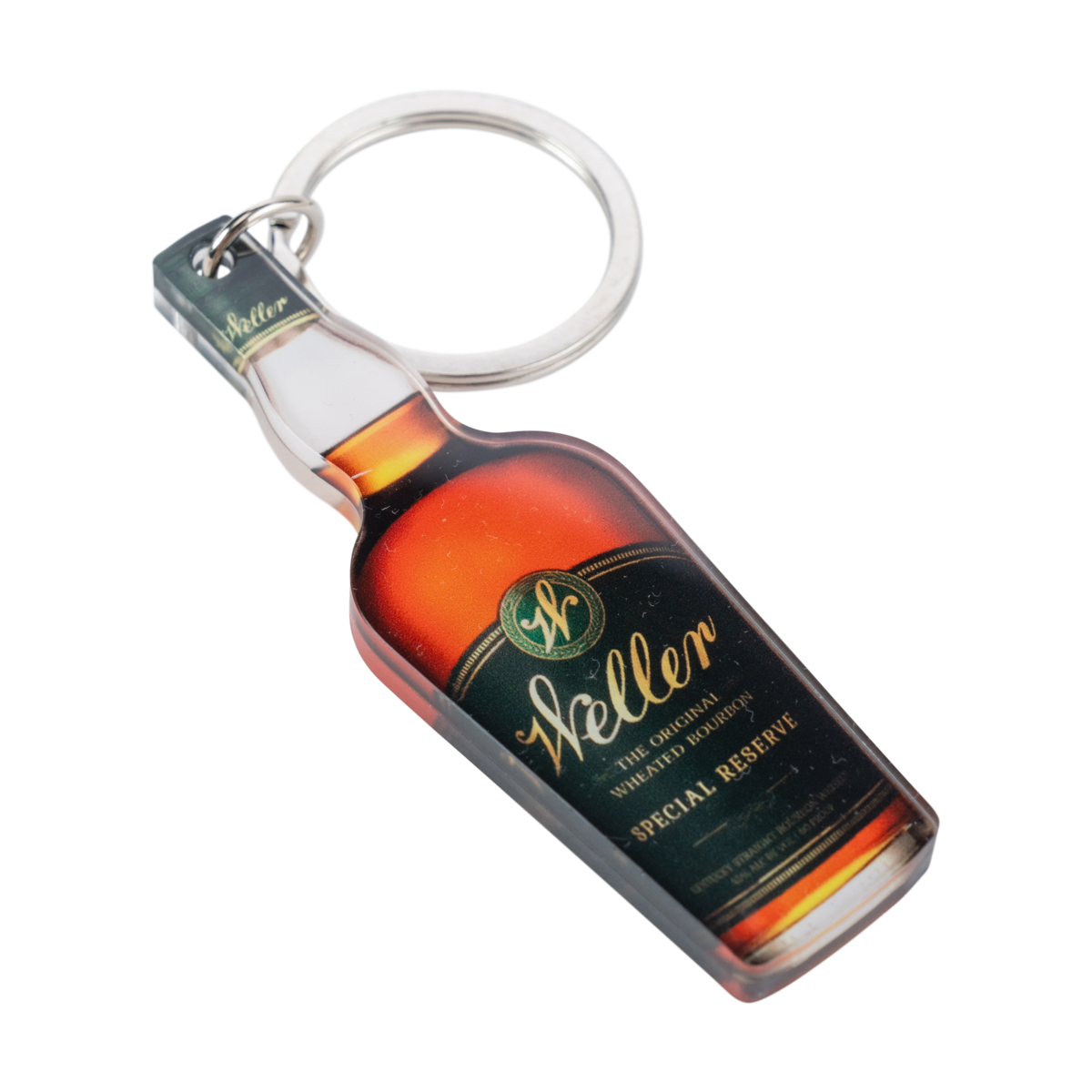 Weller Bottle Keychain close-up of bottle shape and Weller bourbon label detail
