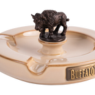 Buffalo Trace Ash Tray lifestyle photo on wooden table with cigar and bourbon glass
