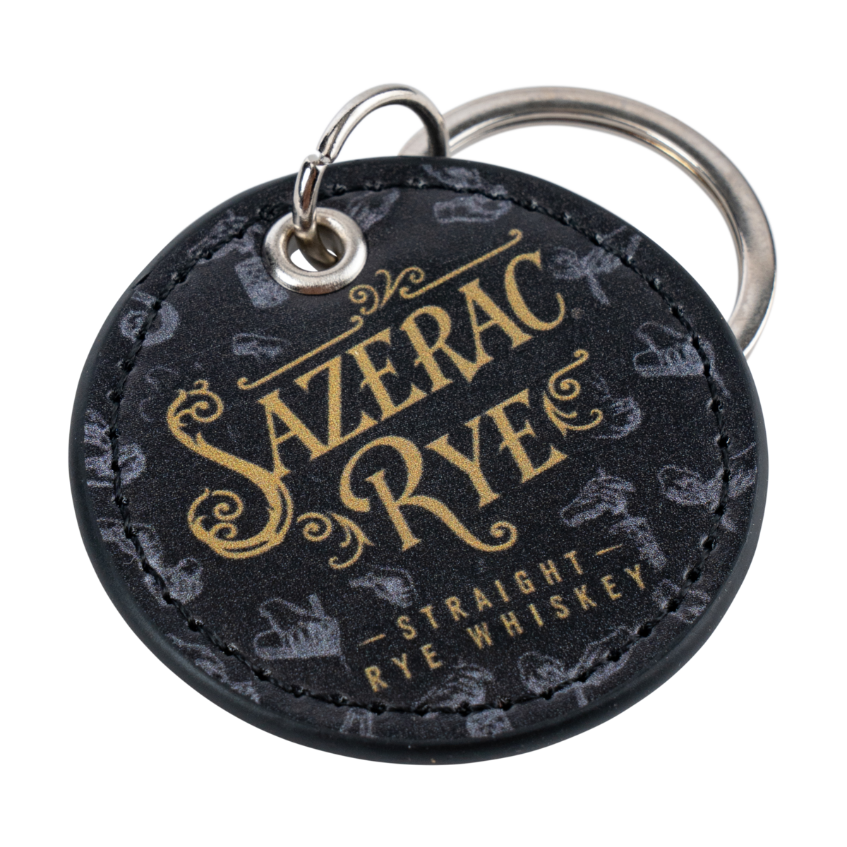 Sazerac Rye Keychain close-up showing metal finish and Sazerac Rye logo detail on keychain