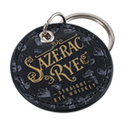 Sazerac Rye Keychain close-up showing metal finish and Sazerac Rye logo detail on keychain