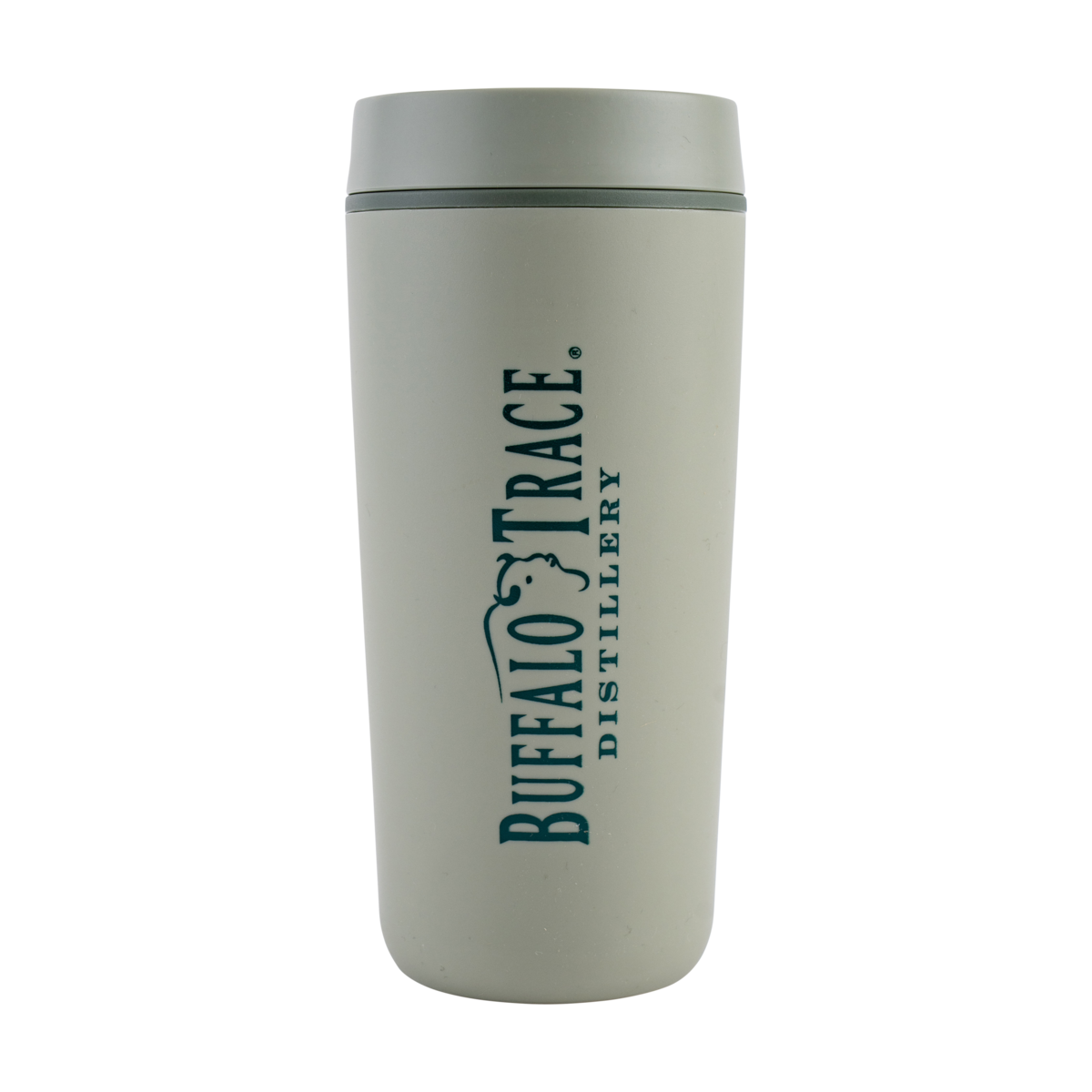 Buffalo Trace Green Travel Mug – insulated green travel mug with Buffalo Trace swoosh logo