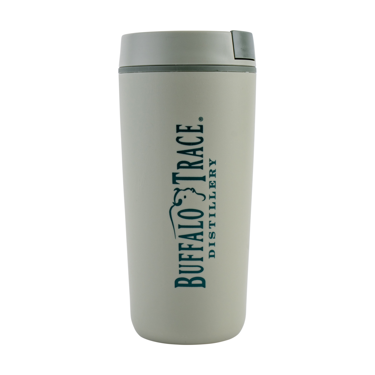 Buffalo Trace Green Travel Mug side view showing lid and swoosh logo on insulated body