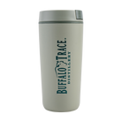 Buffalo Trace Green Travel Mug side view showing lid and swoosh logo on insulated body