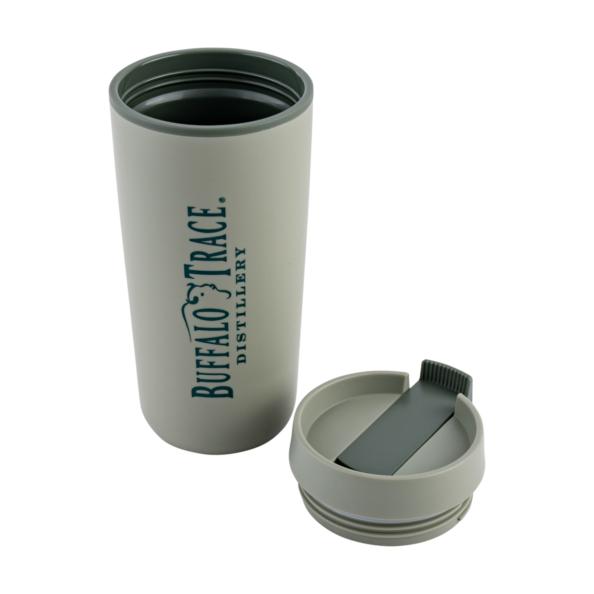 Buffalo Trace Green Travel Mug close-up of Buffalo Trace logo and green color finish