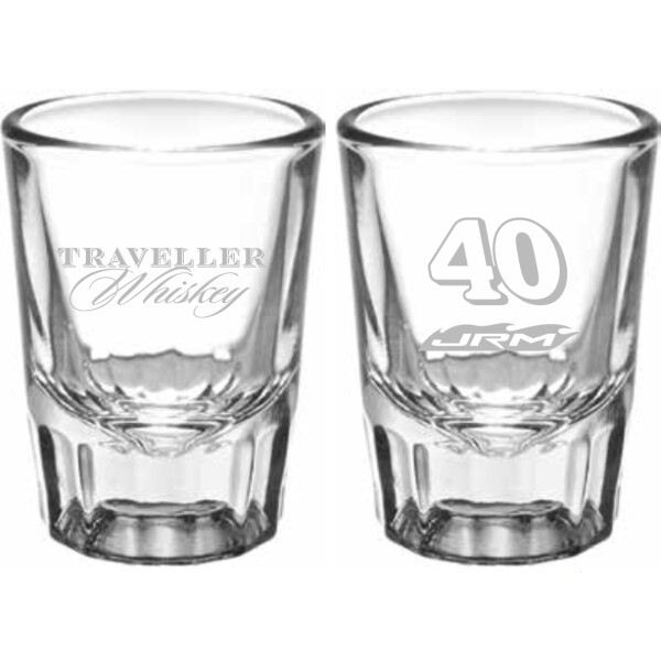 Justin Allgaier #40 Traveller Whiskey Saloon Shot Glass – NASCAR collectible shot glass with Traveller Whiskey branding