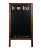 A-Frame Chalkboard with Buffalo Trace wording and logo images on a wood frame and black board.